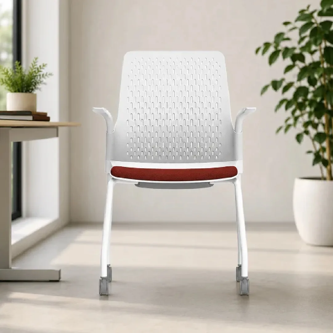 White Frame PP Visitor Chair with Red Padded Fabric Seat Saudi Arabia 2